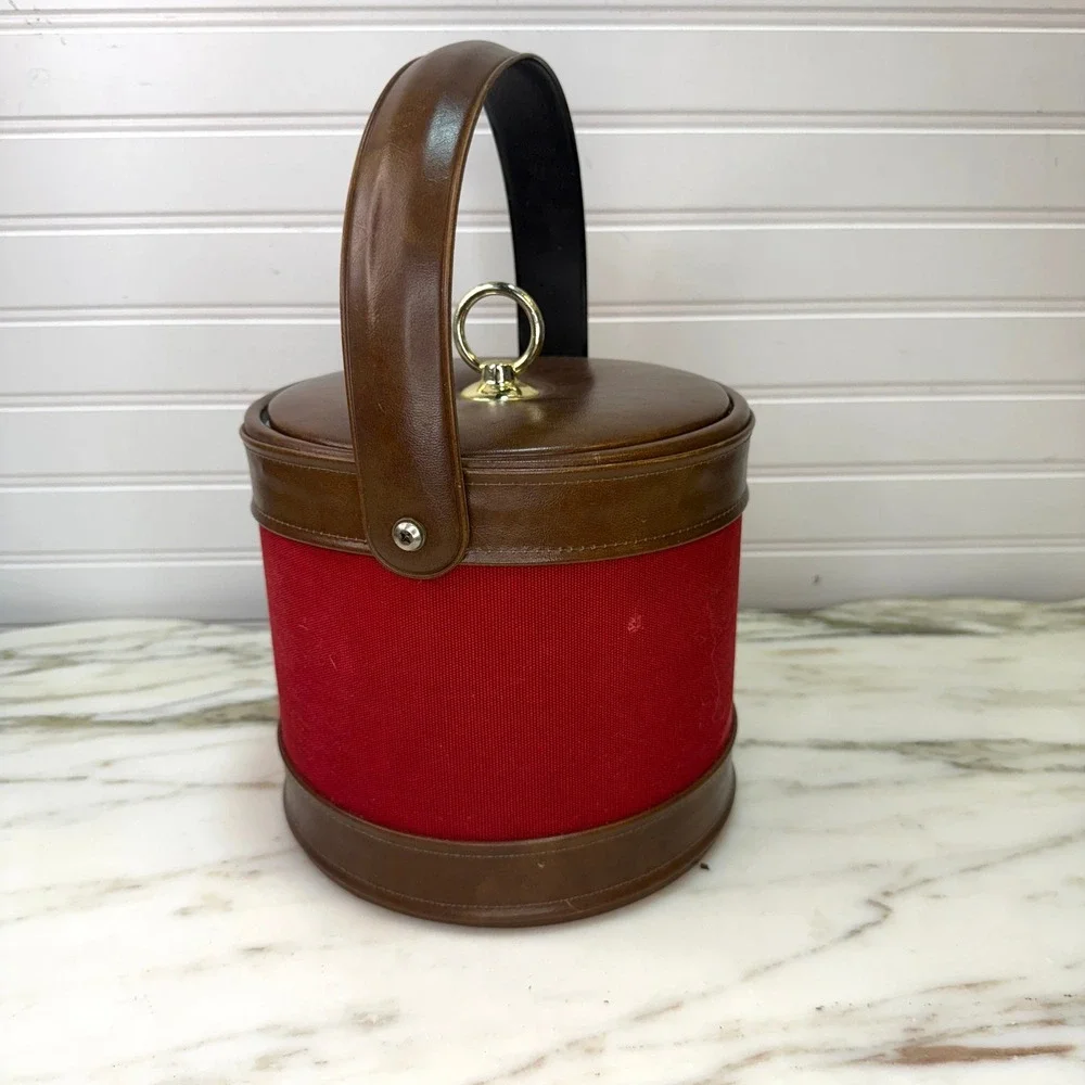Vintage Ice Bucket Red Fabric Brown Vinyl Mid Century Barware 70s